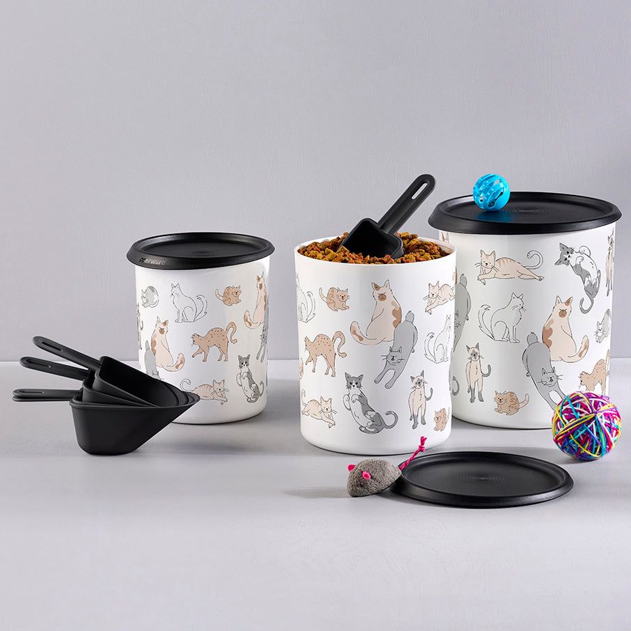 Tupperware Tupperpets One Touch Canister & Scoop Set/Cozy Cats Black / White | 138WGQNXP