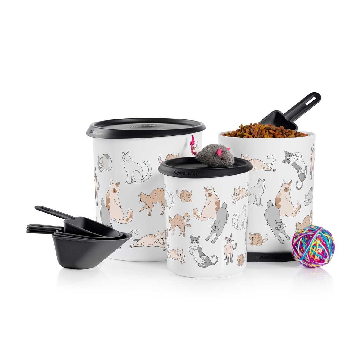 Tupperware Tupperpets One Touch Canister & Scoop Set/Cozy Cats Black / White | 138WGQNXP